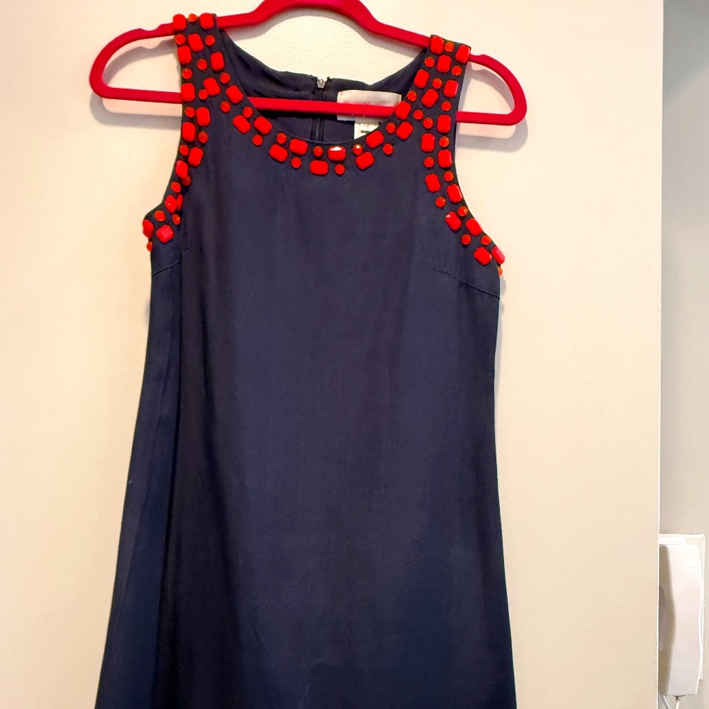 Julie Brown Navy Shift Dress with Pink & Orange Gem Embellishments – Size 2